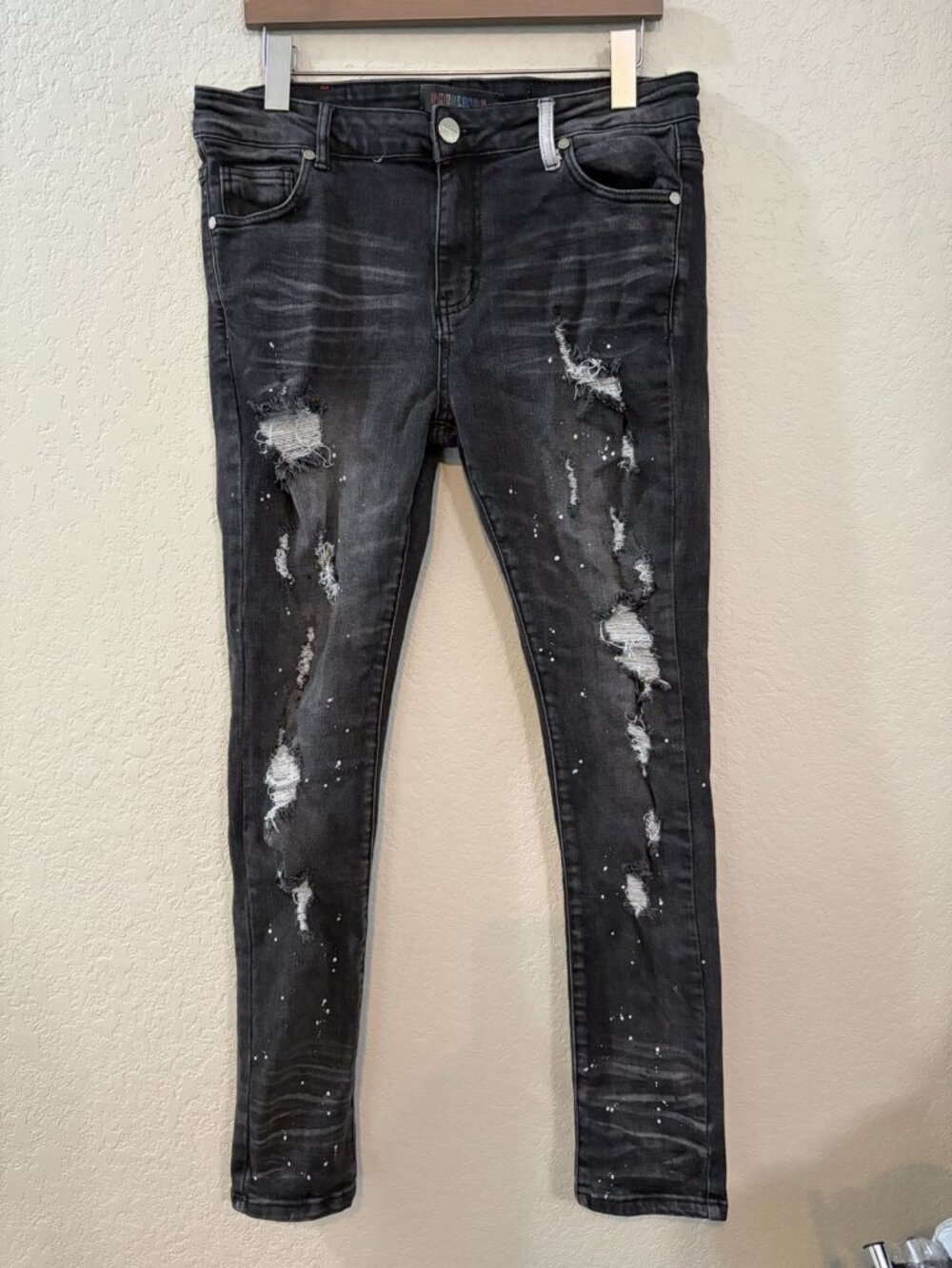 Vtg Pheelings Distressed Skinny Black Jeans 34x31 Paint Splatter Streetwear Art